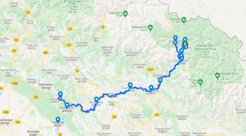 The map of Valley of Flowers and Hemkund